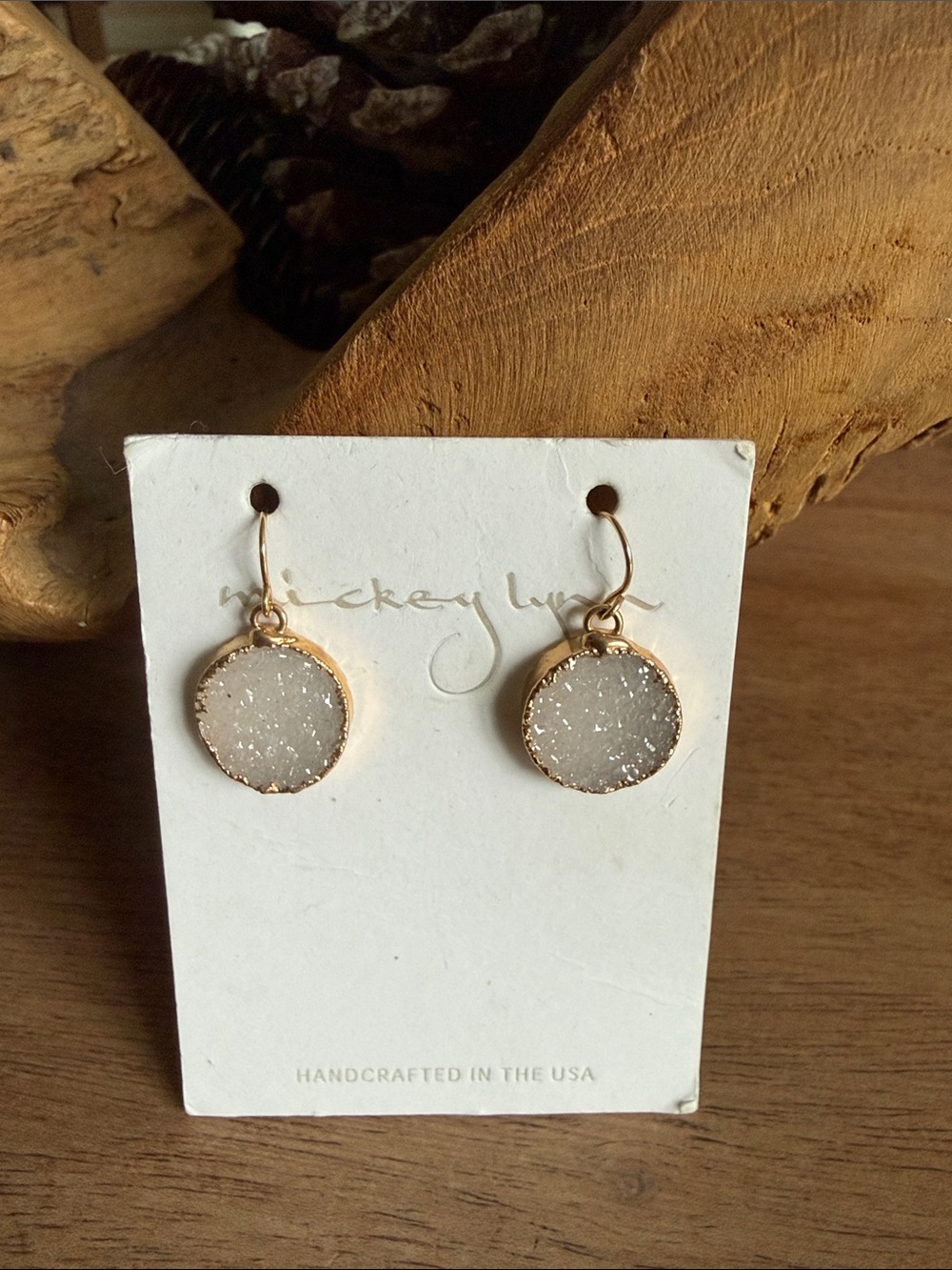 Light Pink Druzy Drop Earrings in Gold - Handcrafted Women Jewelry